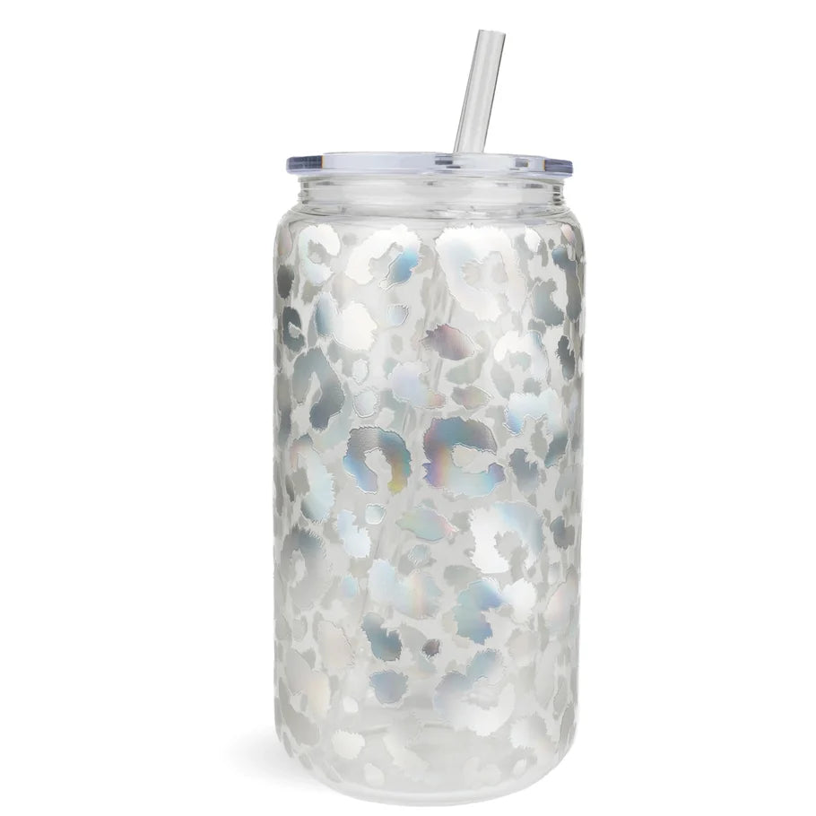 Glass Cup With Straw- Holographic Leopard cup