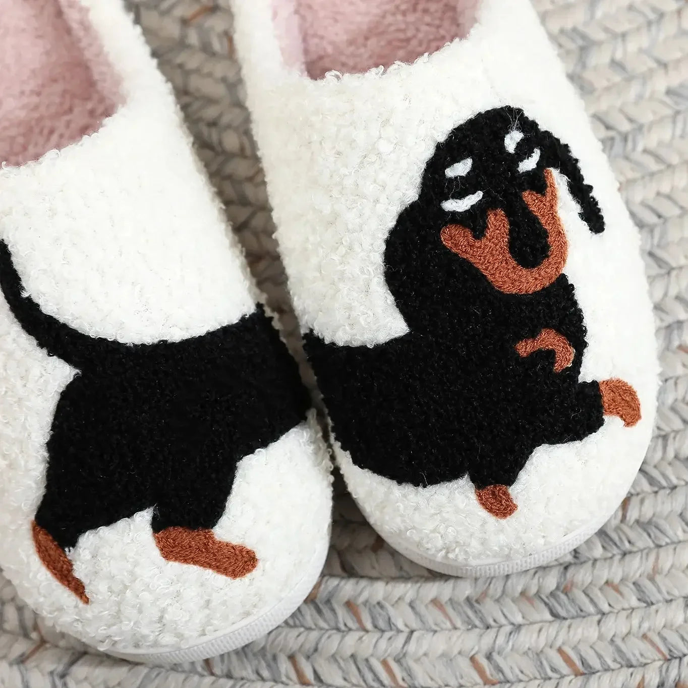 Pet Pattern Dachshund Embroidery stuffed Home Thick Sole plaid Furry Cotton Slippers