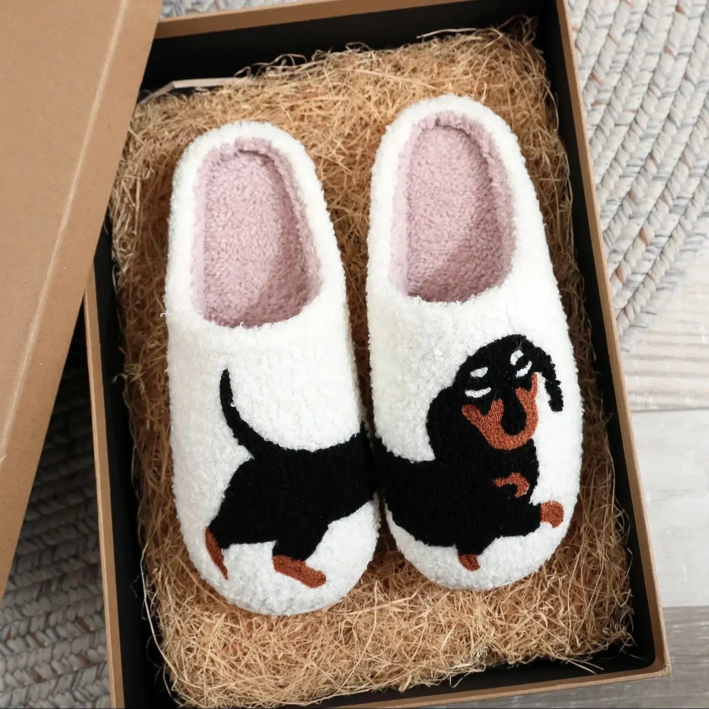 Pet Pattern Dachshund Embroidery stuffed Home Thick Sole plaid Furry Cotton Slippers