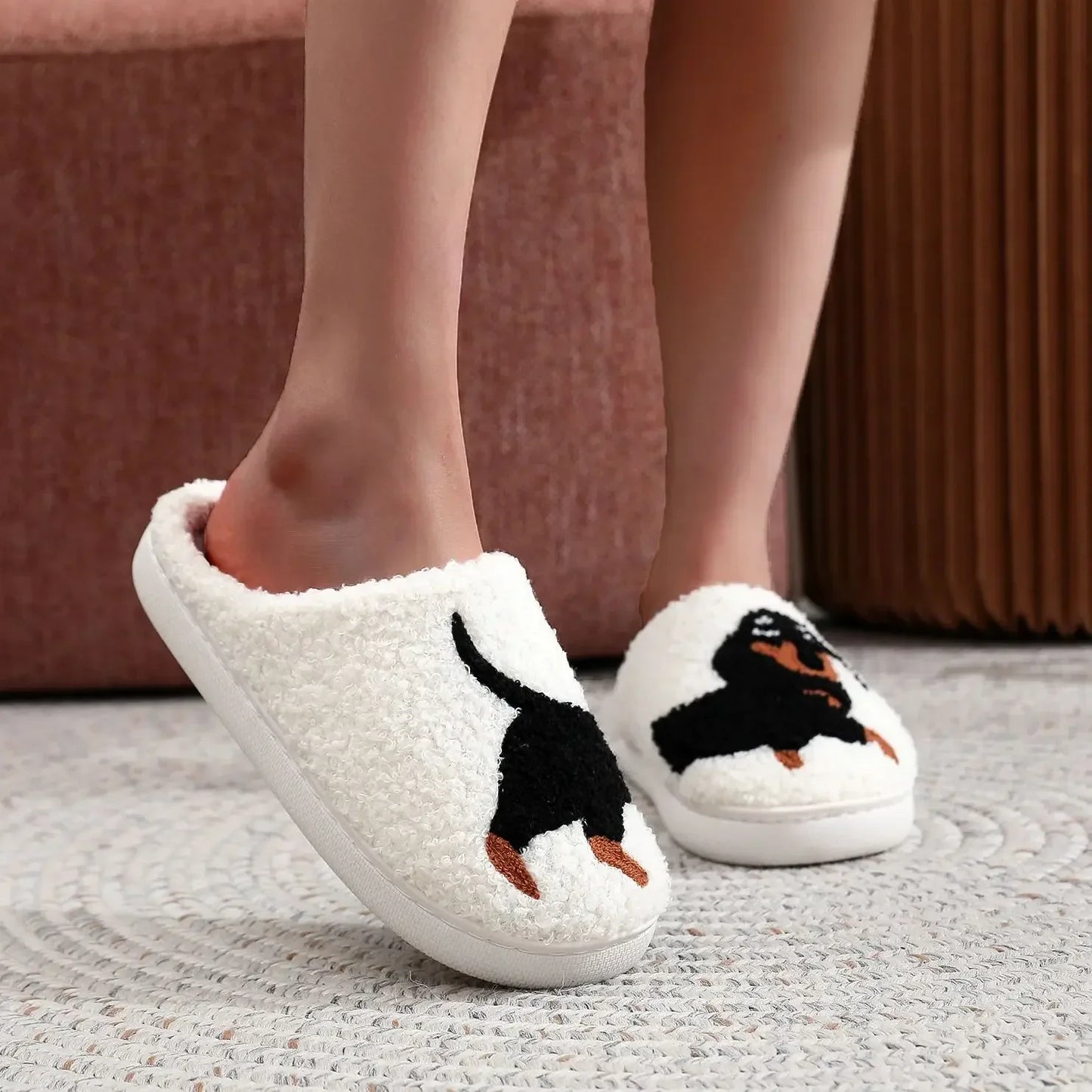 Pet Pattern Dachshund Embroidery stuffed Home Thick Sole plaid Furry Cotton Slippers