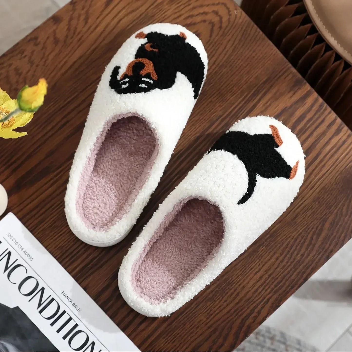 Pet Pattern Dachshund Embroidery stuffed Home Thick Sole plaid Furry Cotton Slippers