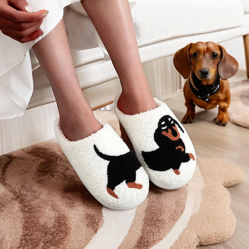 Pet Pattern Dachshund Embroidery stuffed Home Thick Sole plaid Furry Cotton Slippers