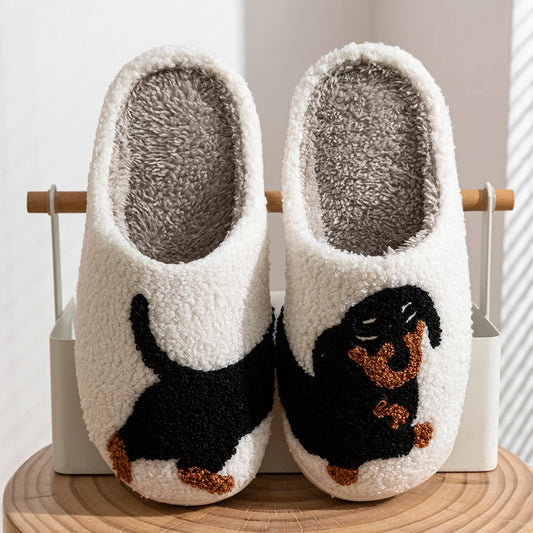 Cute and Interesting Cartoon Little Black Dog Plush Winter Women's Slippers