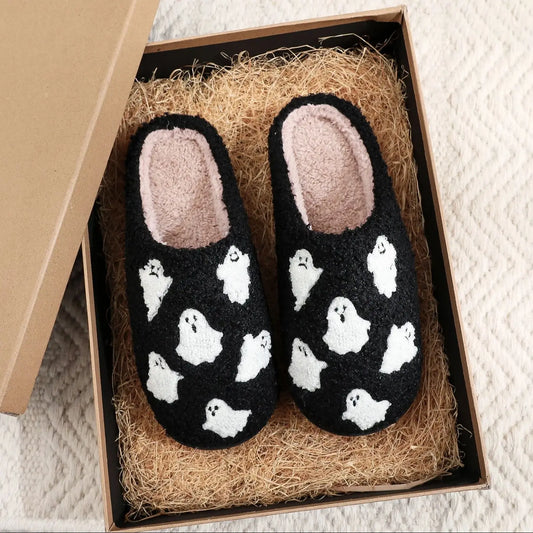 Halloween Ghost Pattern Black Cotton Slippers, Comfortable Indoor Home Slippers Suitable for winter